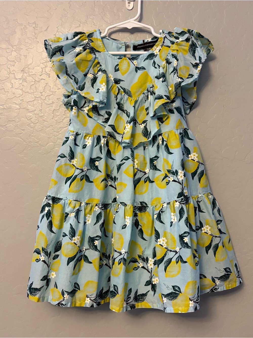 French connection light blue lemon print ruffle dress size xs 5/6